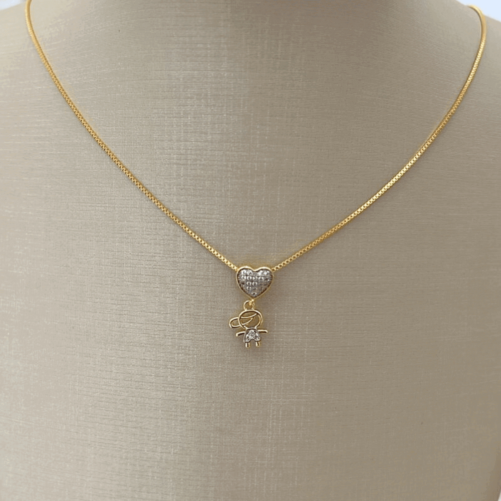 Colar mae e filho com coracao e zirconias Banhado em Ouro Dourado 2