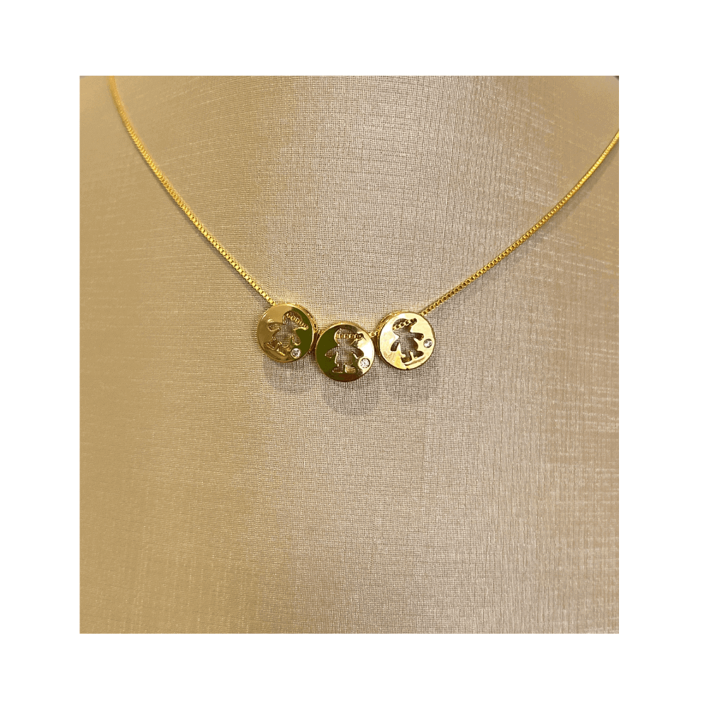 Colar com pingentes Filhos tres meninos com zirconia banhado Ouro Dourado 2
