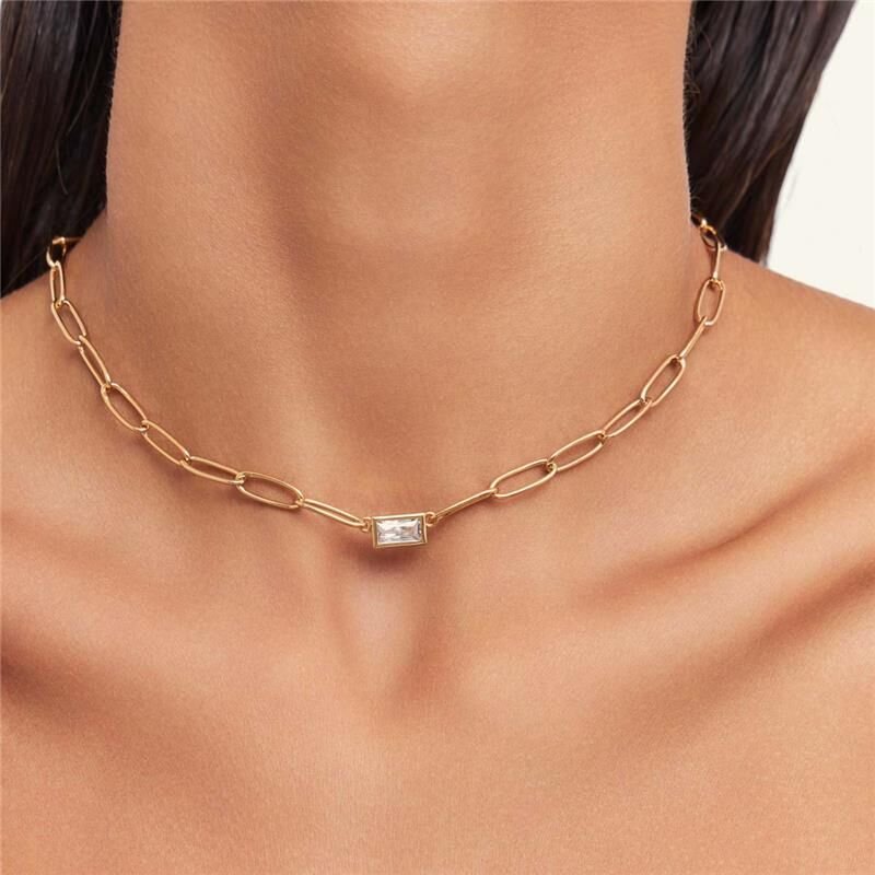 Colar Elos Ovais com cristal retangular banhado em ouro 18k Dourado 2