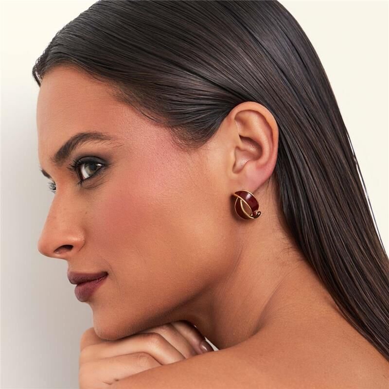 Brinco Curvo esmaltado marrom banhado em ouro 18k Dourado 2