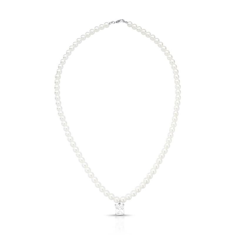 Colar Perolas Shell Grace pingente retangular cristal rodio