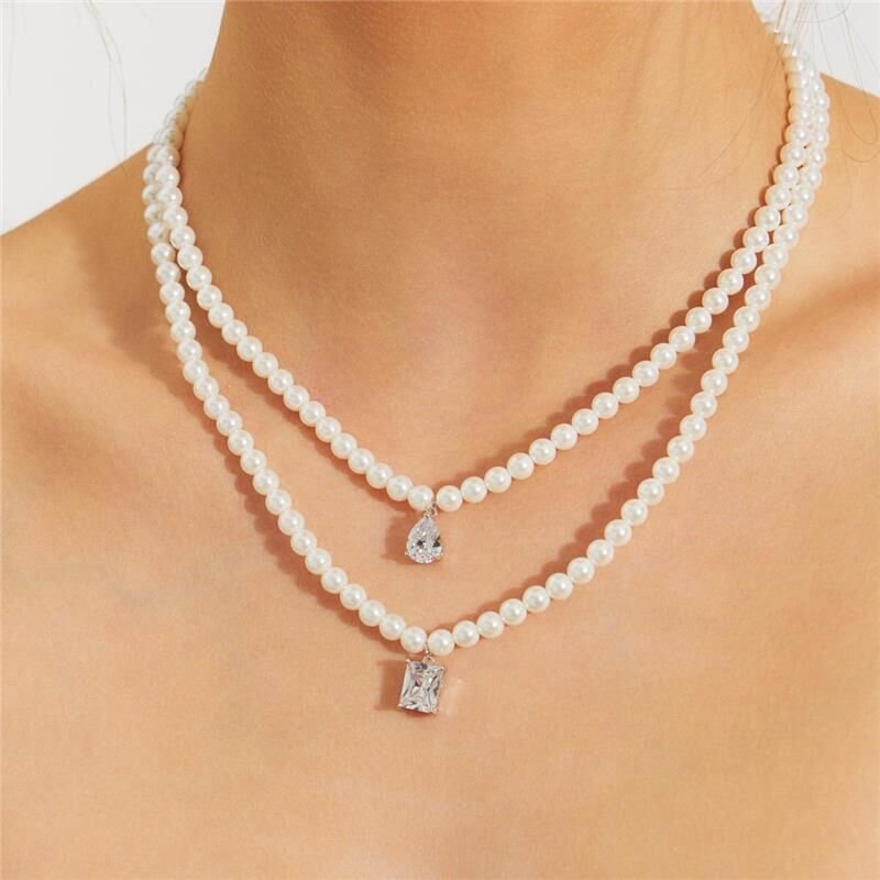 Colar Perolas Shell Grace pingente retangular cristal rodio Branco 2