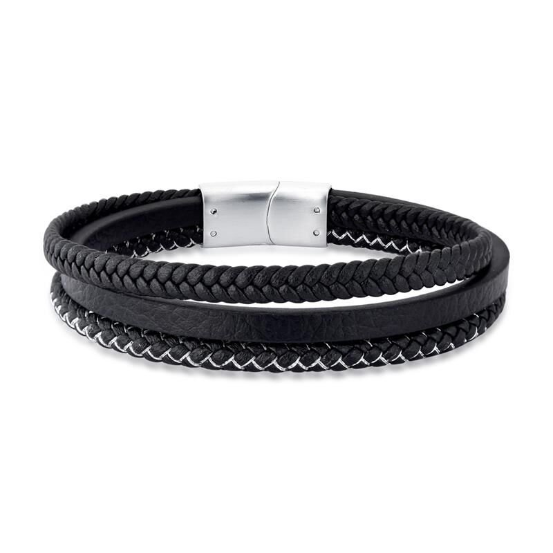 Pulseira masculina 3 voltar couro legitimo  em aco