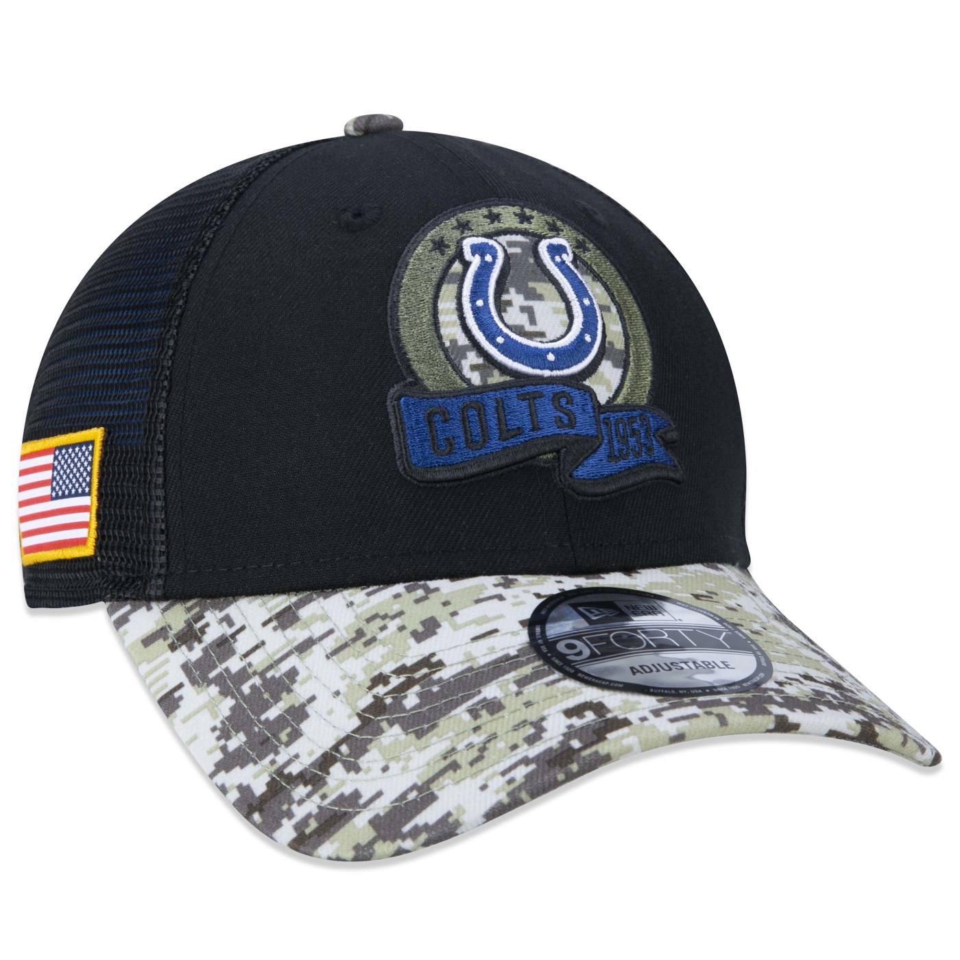 Boné New Era 9FORTY Indianapolis Colts Salute To Service 2022 Trucker Aba Curva Snapback Preto 1