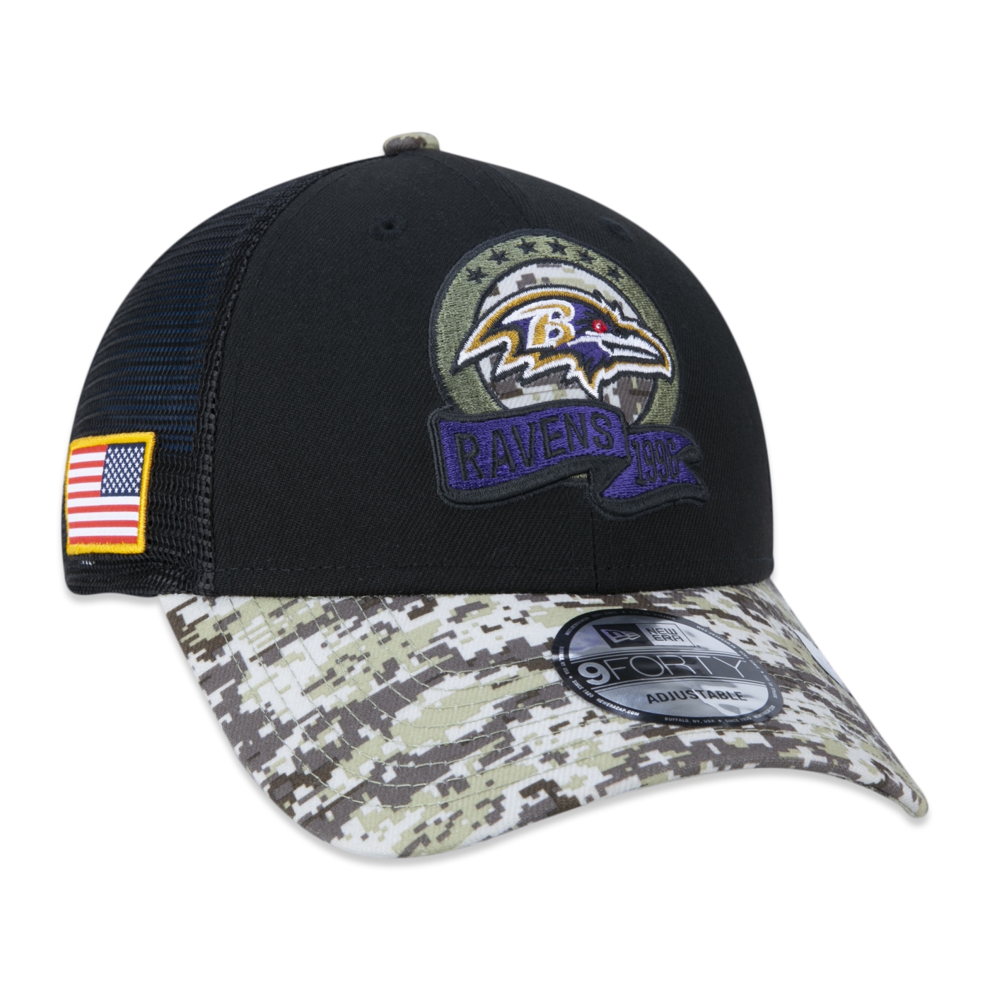 Boné New Era 9FORTY Baltimore Ravens Salute To Service 2022 Trucker Aba Curva Snapback Preto 1