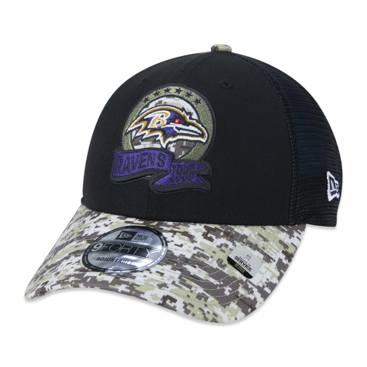 Boné New Era 9FORTY Baltimore Ravens Salute To Service 2022 Trucker Aba Curva Snapback Preto 3