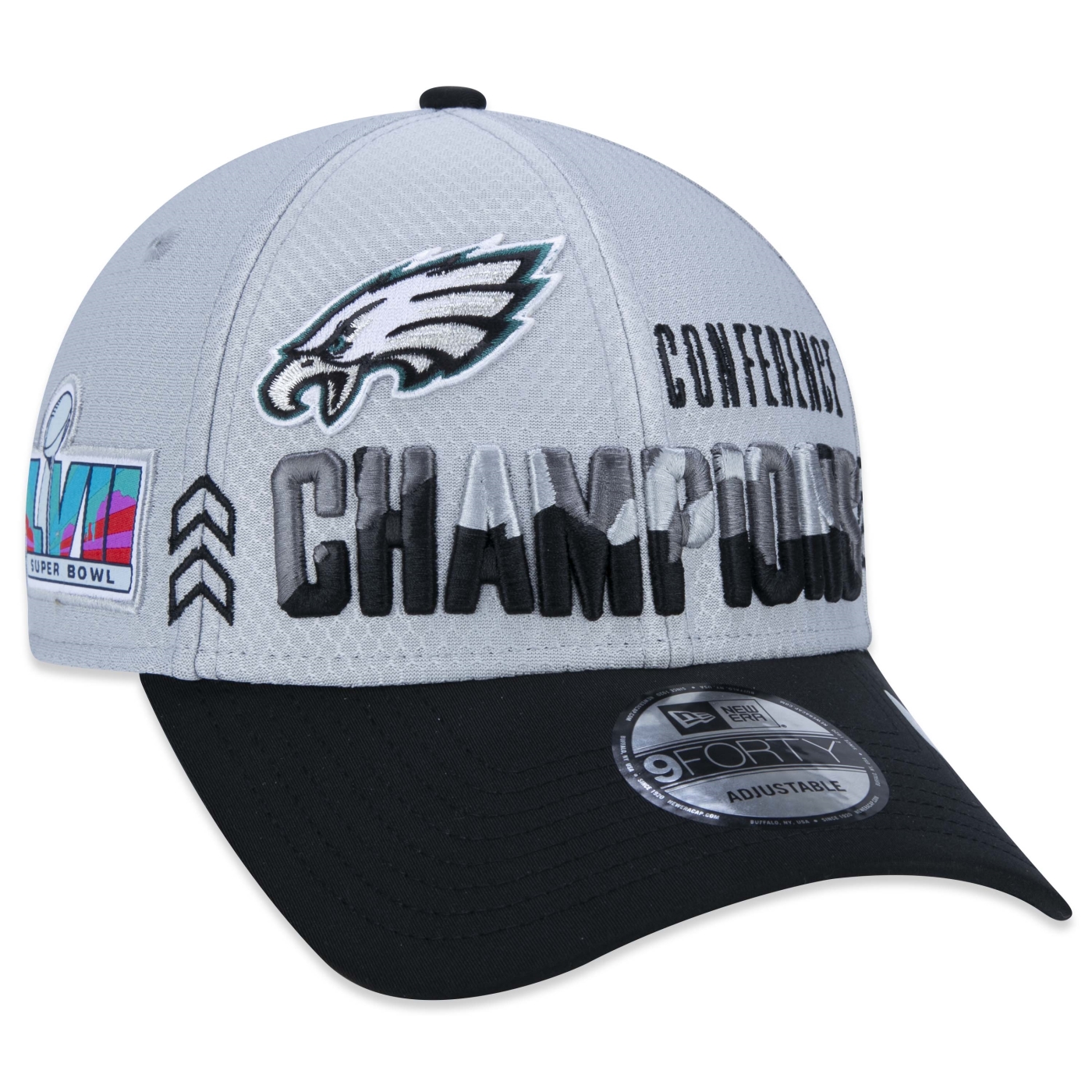 Bone New Era 9FORTY Philadelphia Eagles Campeao de Conferencia 2022 Cinza 3