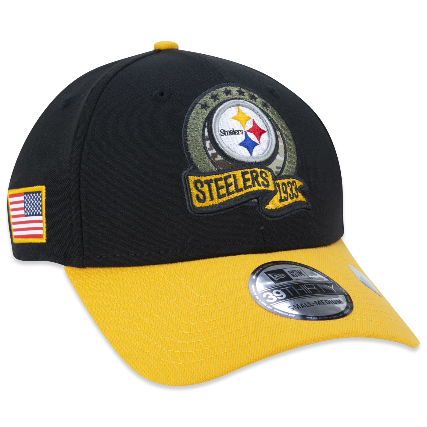 Bone New Era 39THIRTY Pittsburgh Steelers Salute To Service 2022 Stretch Fit Preto 1