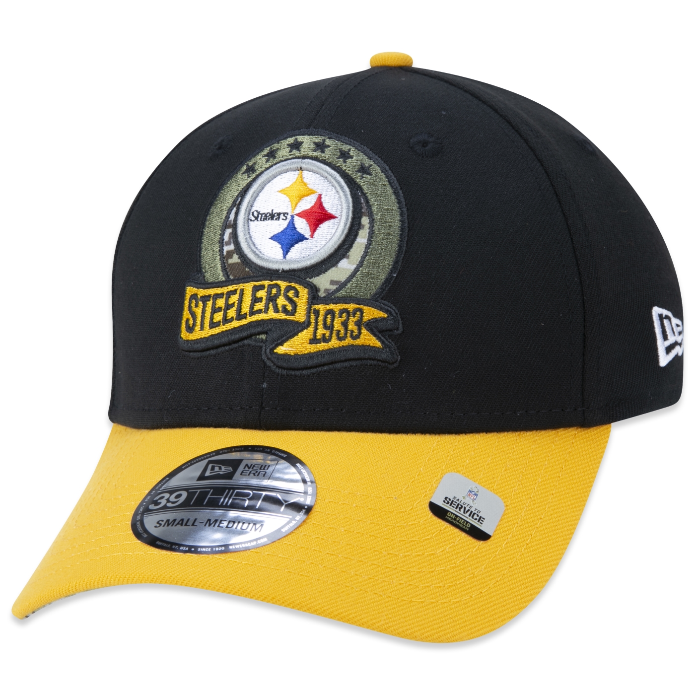 Bone New Era 39THIRTY Pittsburgh Steelers Salute To Service 2022 Stretch Fit Preto 3