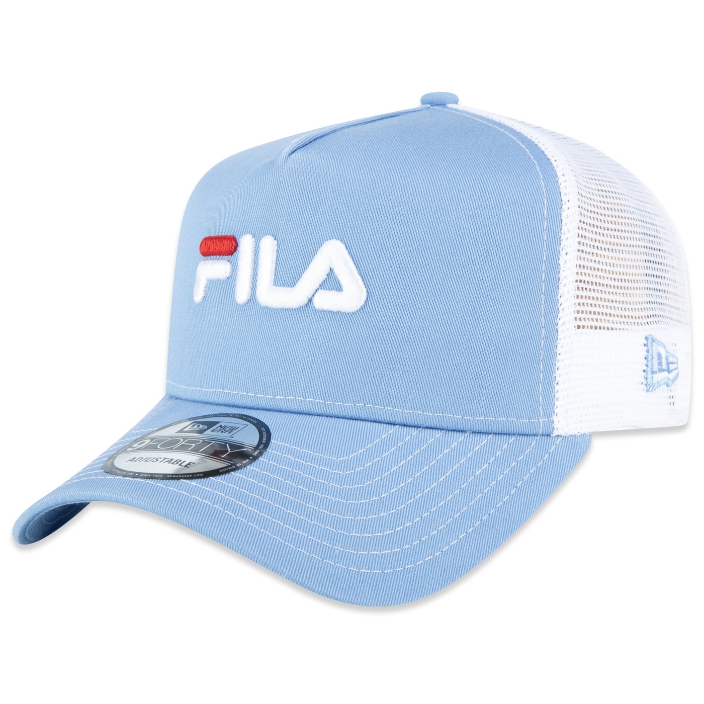 Bone New Era 9FORTY A-Frame Trucker Colaboracao New Era x Fila Azul/Branco 1