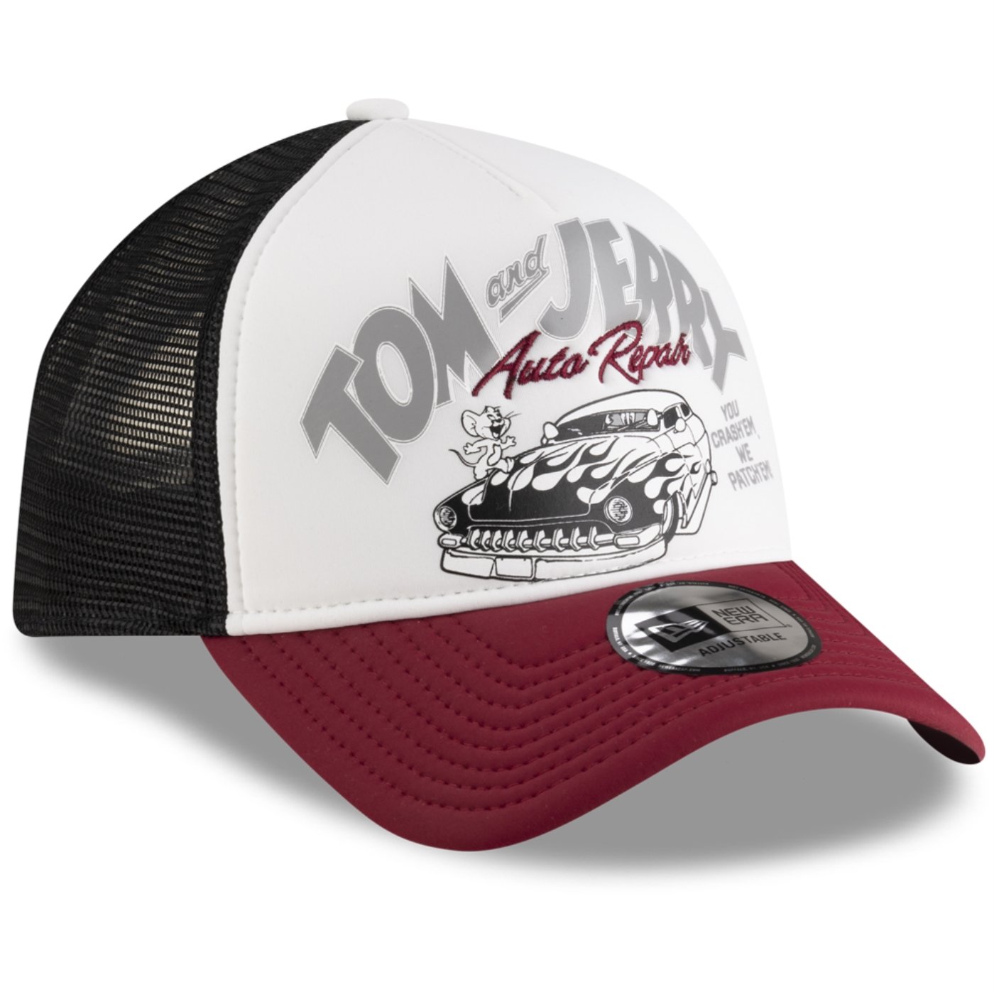 Bone New Era 9FORTY A-Frame Trucker Tom & Jerry Auto Repair Vermelho 2