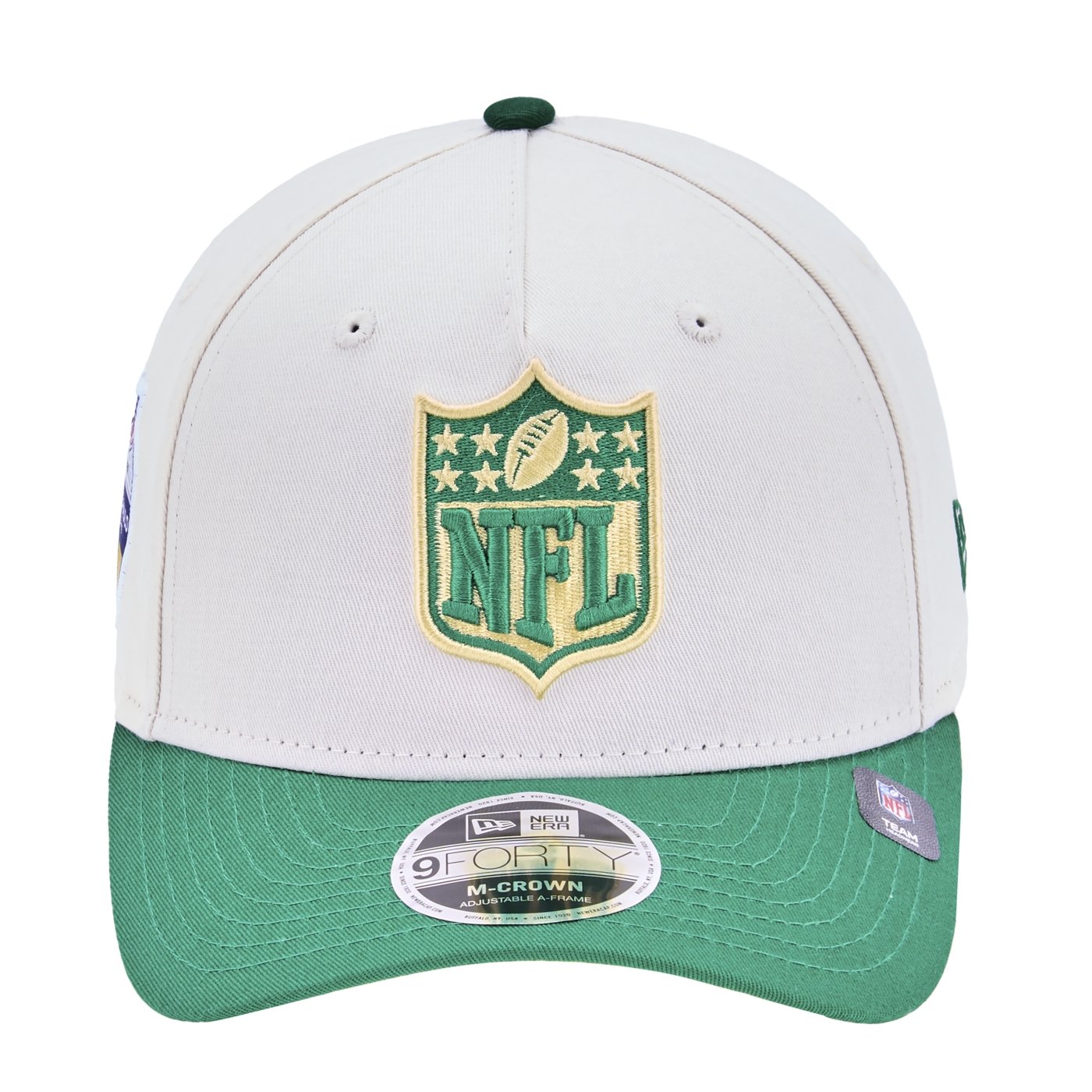 Bone New Era 9FORTY M-Crown A-Frame NFL Game Brasil 2025 Off White/Verde 2