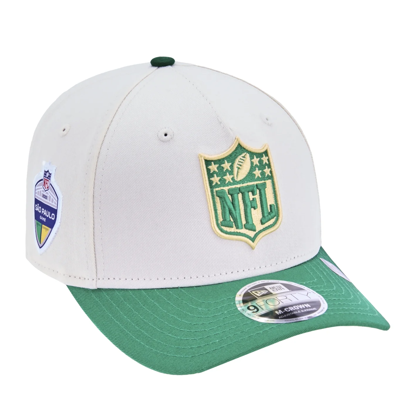 Bone New Era 9FORTY M-Crown A-Frame NFL Game Brasil 2025 Off White/Verde 3
