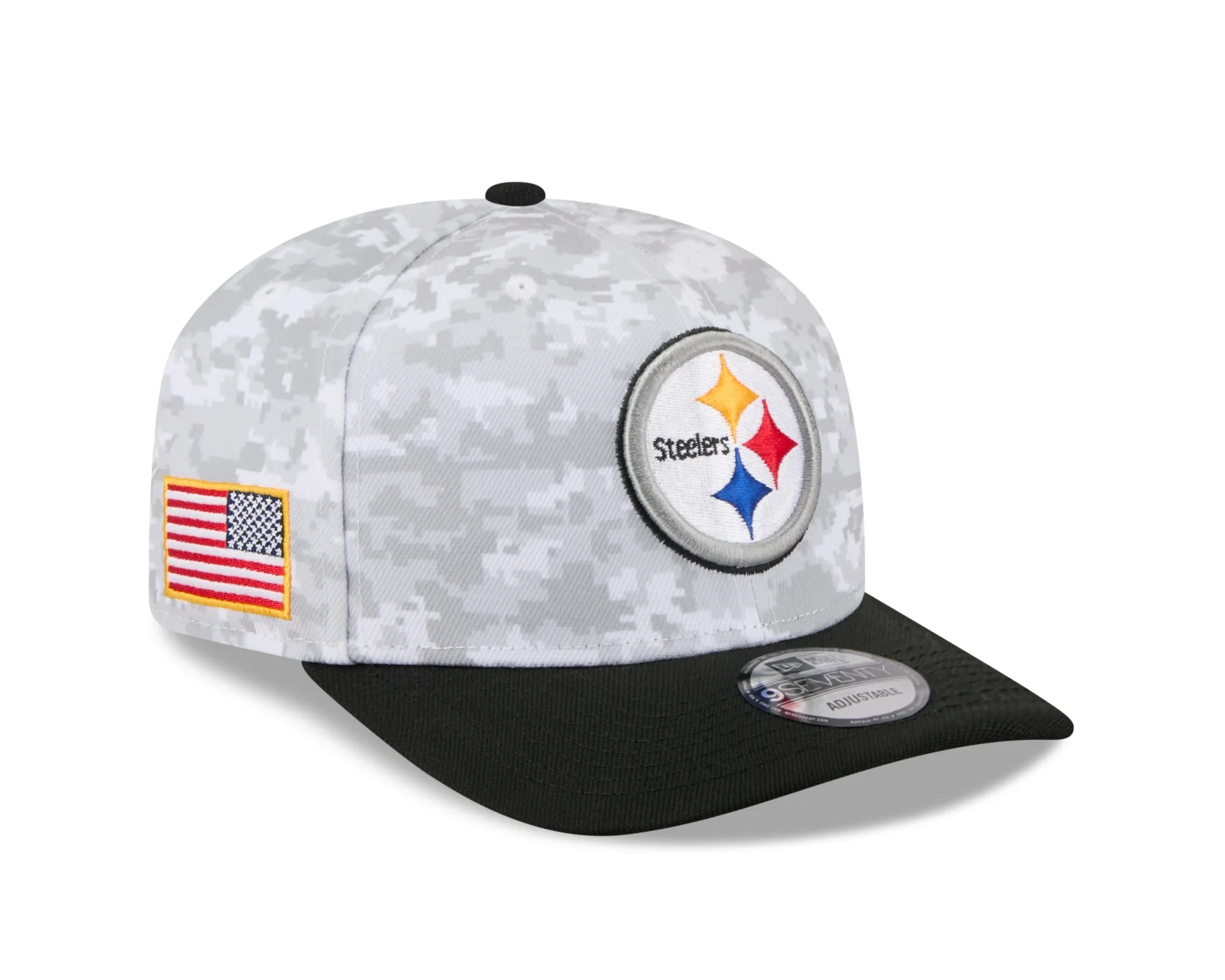 Bone New Era 9SEVENTY Pittsburgh Steelers NFL Salute Service 2025 Militar Cinza/Preto 2