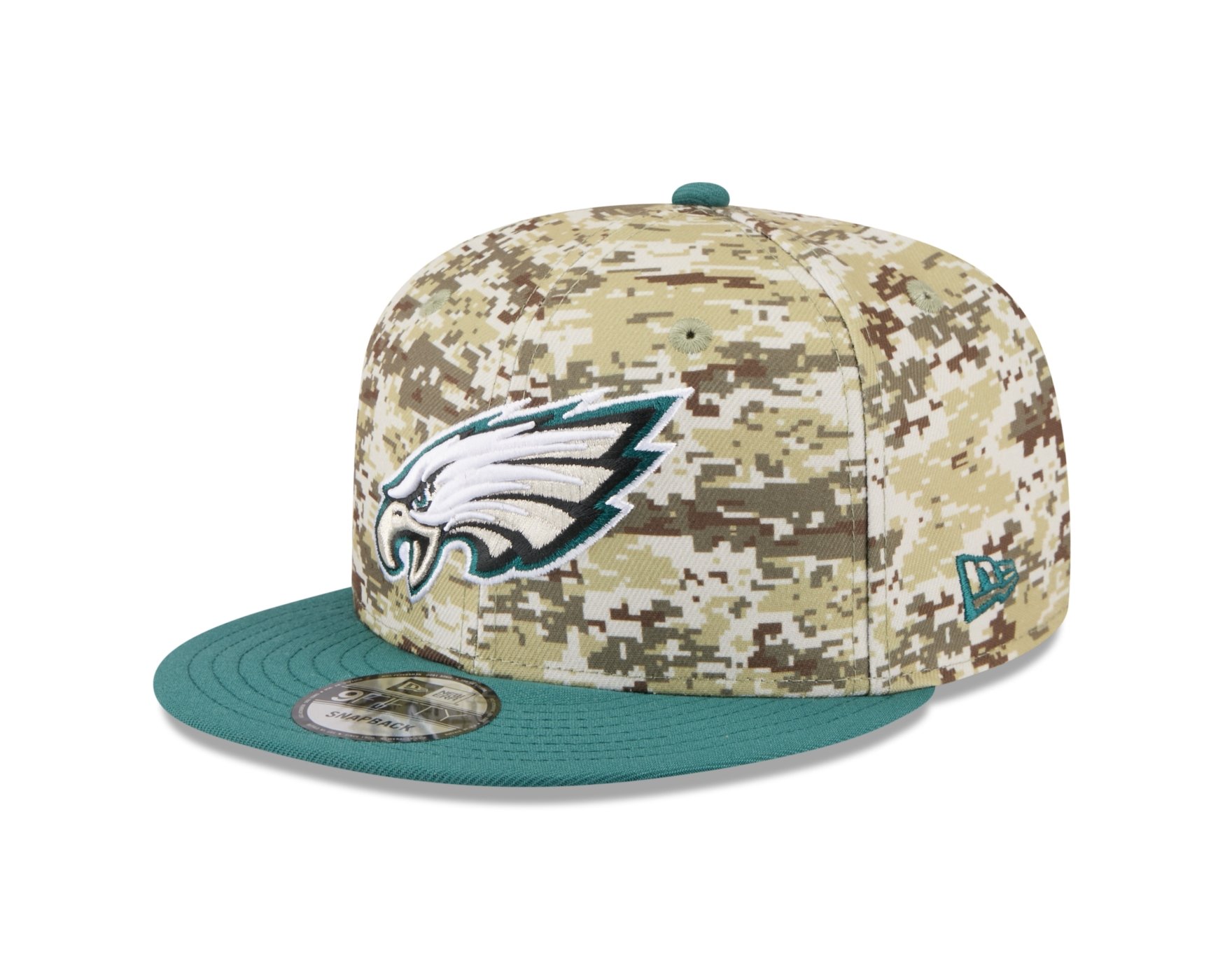 Bone New Era 9FIFTY Philadelphia Eagles NFL Salute Service 2025 Militar Bege/Azul Petróleo 1
