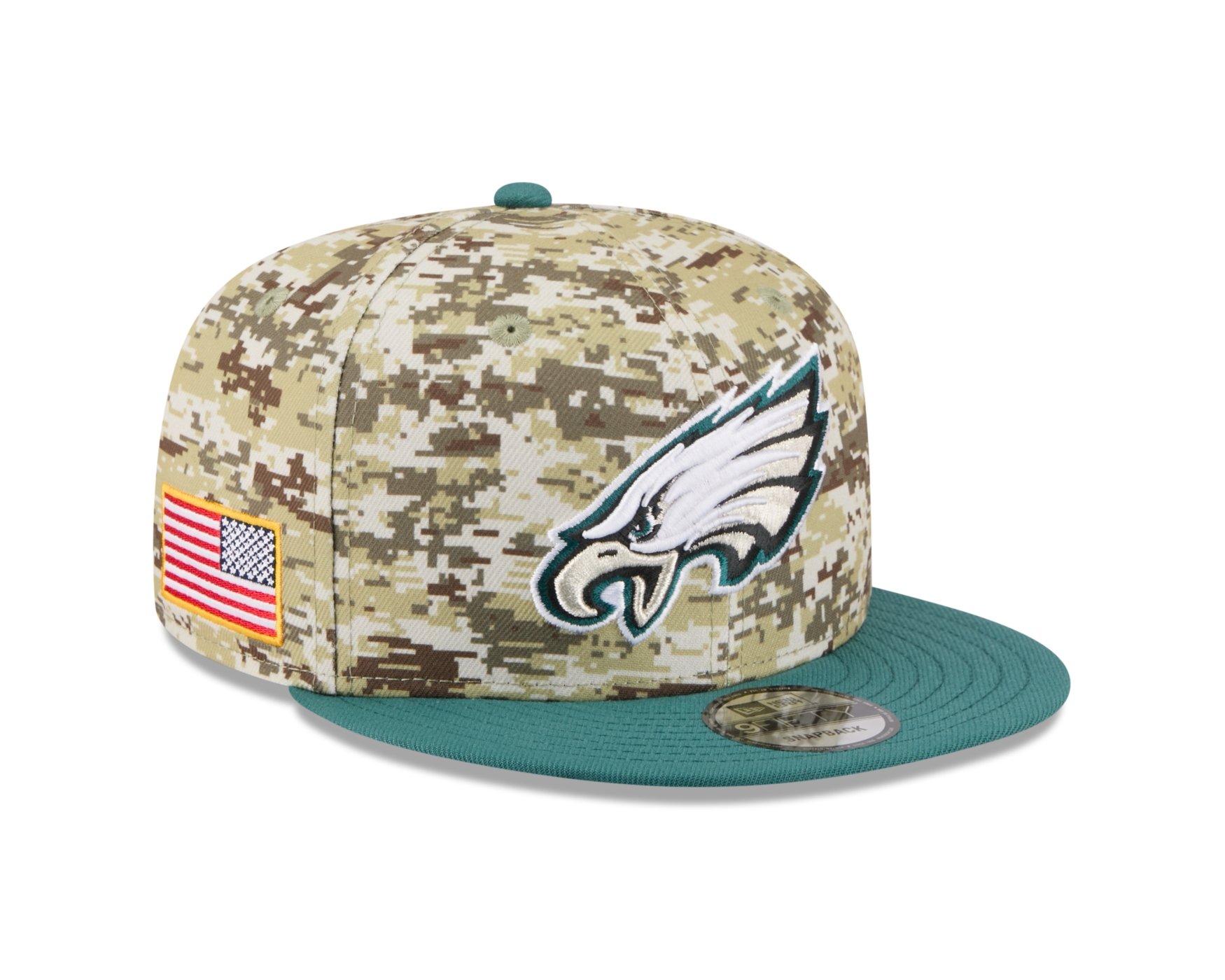 Bone New Era 9FIFTY Philadelphia Eagles NFL Salute Service 2025 Militar Bege/Azul Petróleo 3
