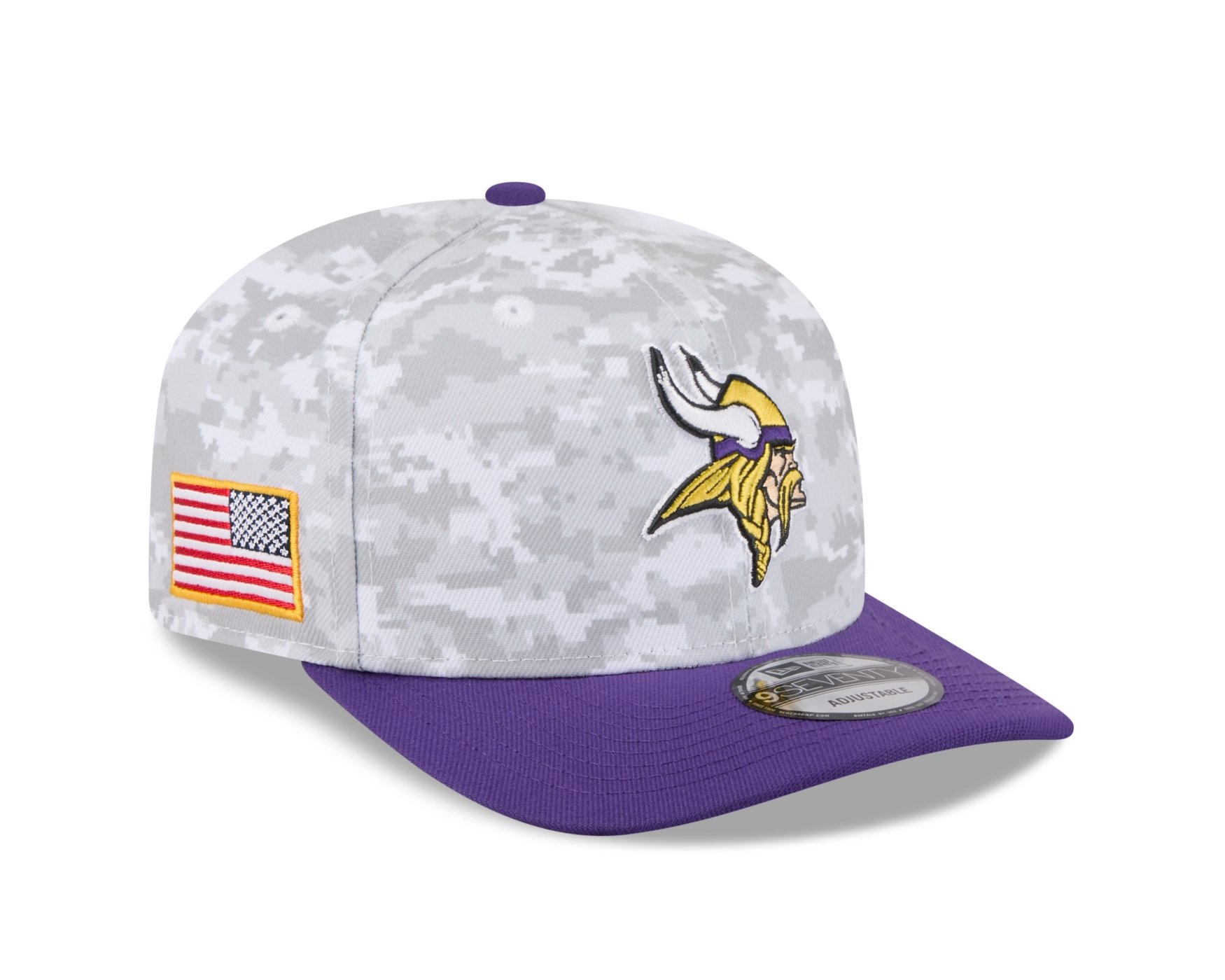 Bone New Era 9SEVENTY Minnesota Vikings NFL Salute Service 2025 Militar Cinza/Roxo 3