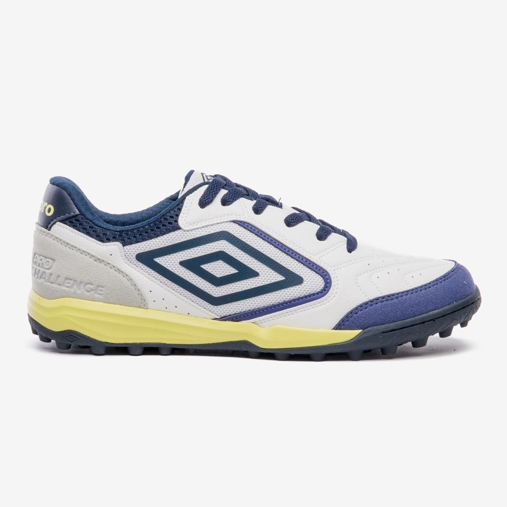 Chuteira Society Umbro Pro Challenge Uptake Branco/Azul/Amarelo 1