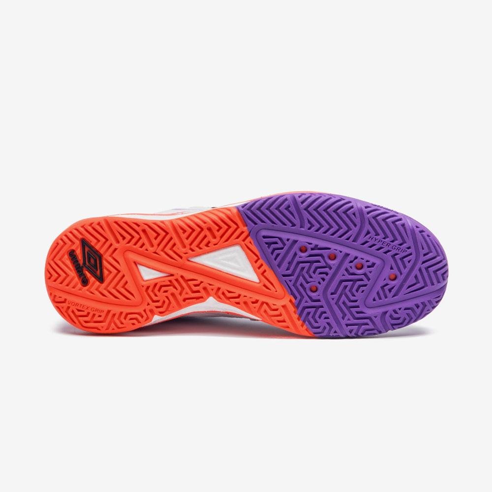 Chuteira Futsal Umbro Pro 5 Stable Branco/Laranja/Roxo 5