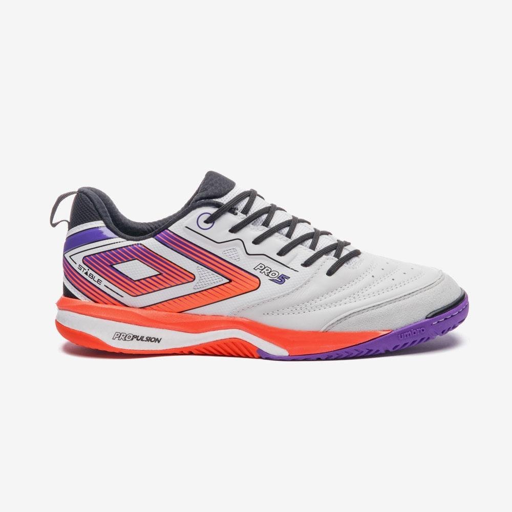 Chuteira Futsal Umbro Pro 5 Stable Branco/Laranja/Roxo 1