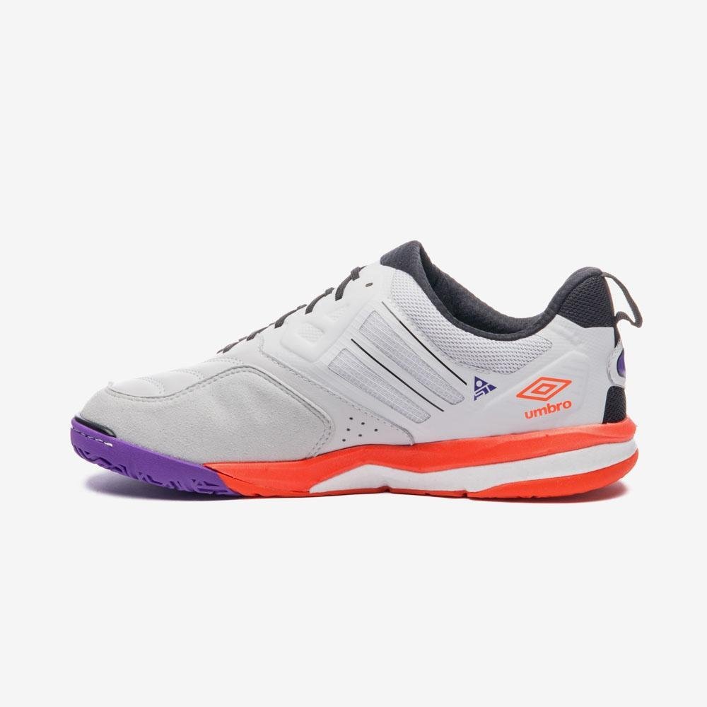 Chuteira Futsal Umbro Pro 5 Stable Branco/Laranja/Roxo 2