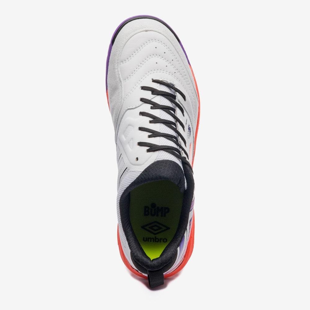 Chuteira Futsal Umbro Pro 5 Stable Branco/Laranja/Roxo 4