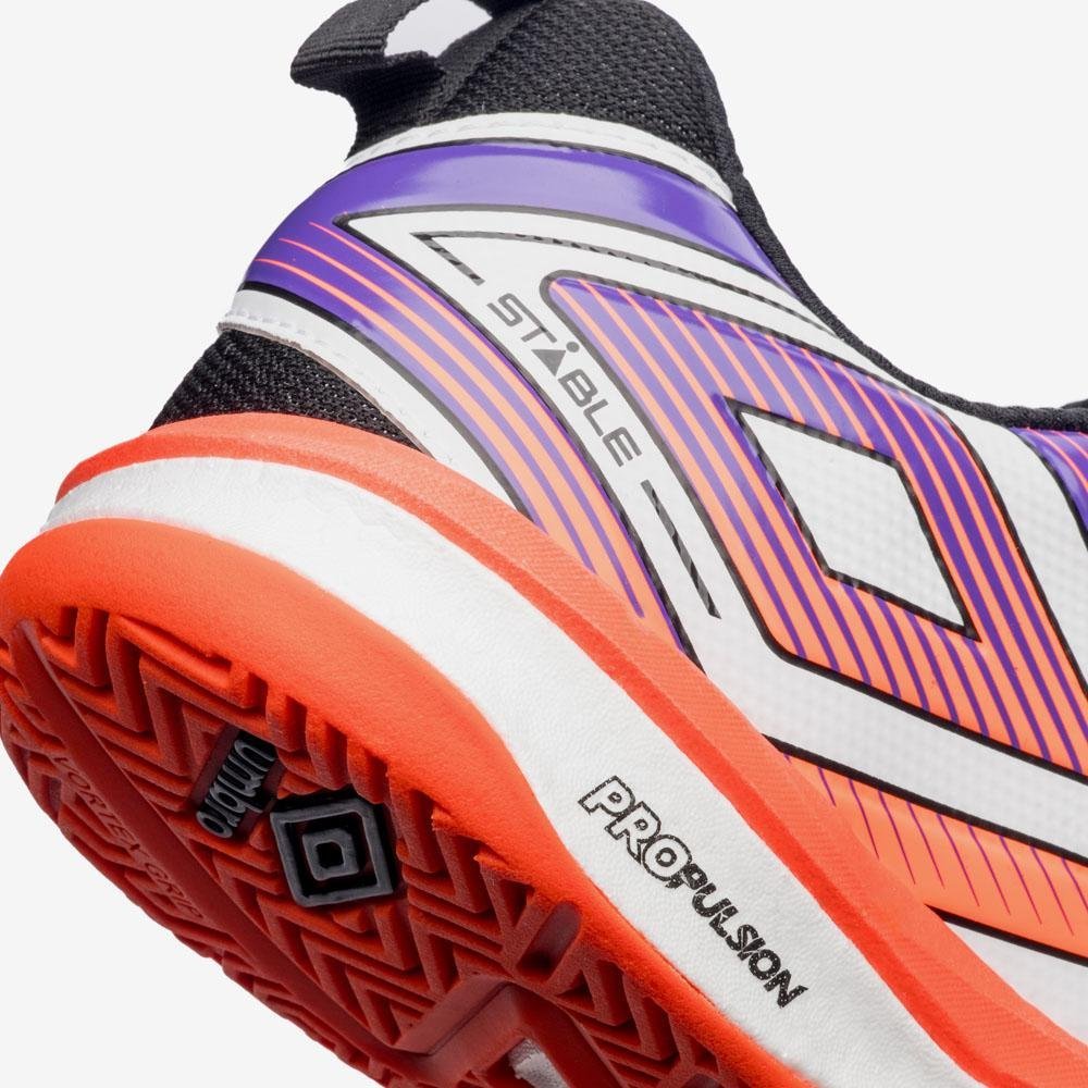 Chuteira Futsal Umbro Pro 5 Stable Branco/Laranja/Roxo 8