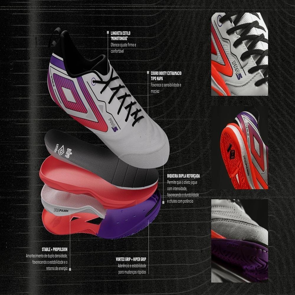 Chuteira Futsal Umbro Pro 5 Stable Branco/Laranja/Roxo 10