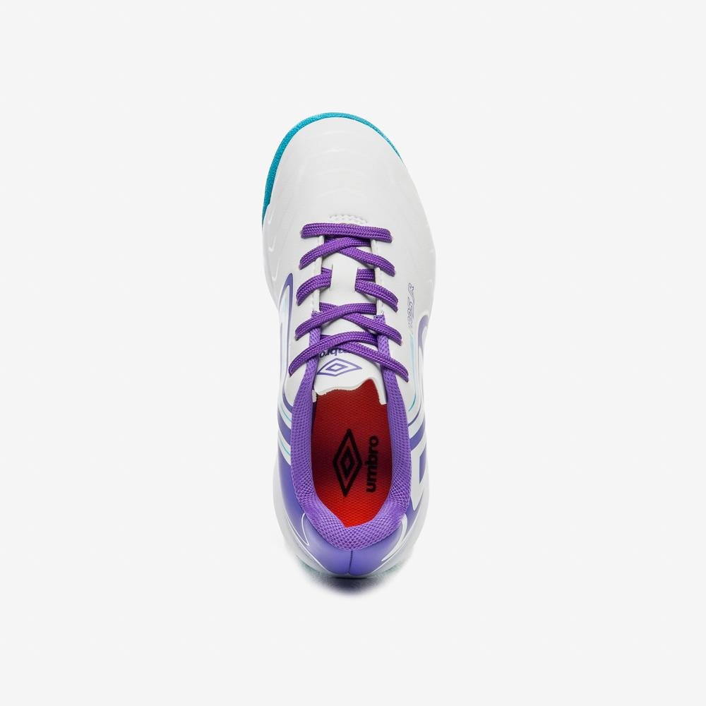 Chuteira Futsal Umbro Pro 5 Jr Branco/Roxo/Azul 4