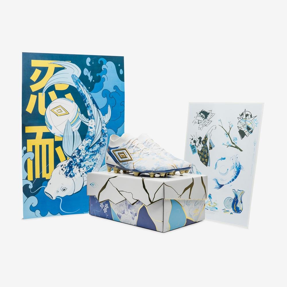 Chuteira Campo Umbro Adamant Top Speed Pro Kintsugi Branco/Azul 7