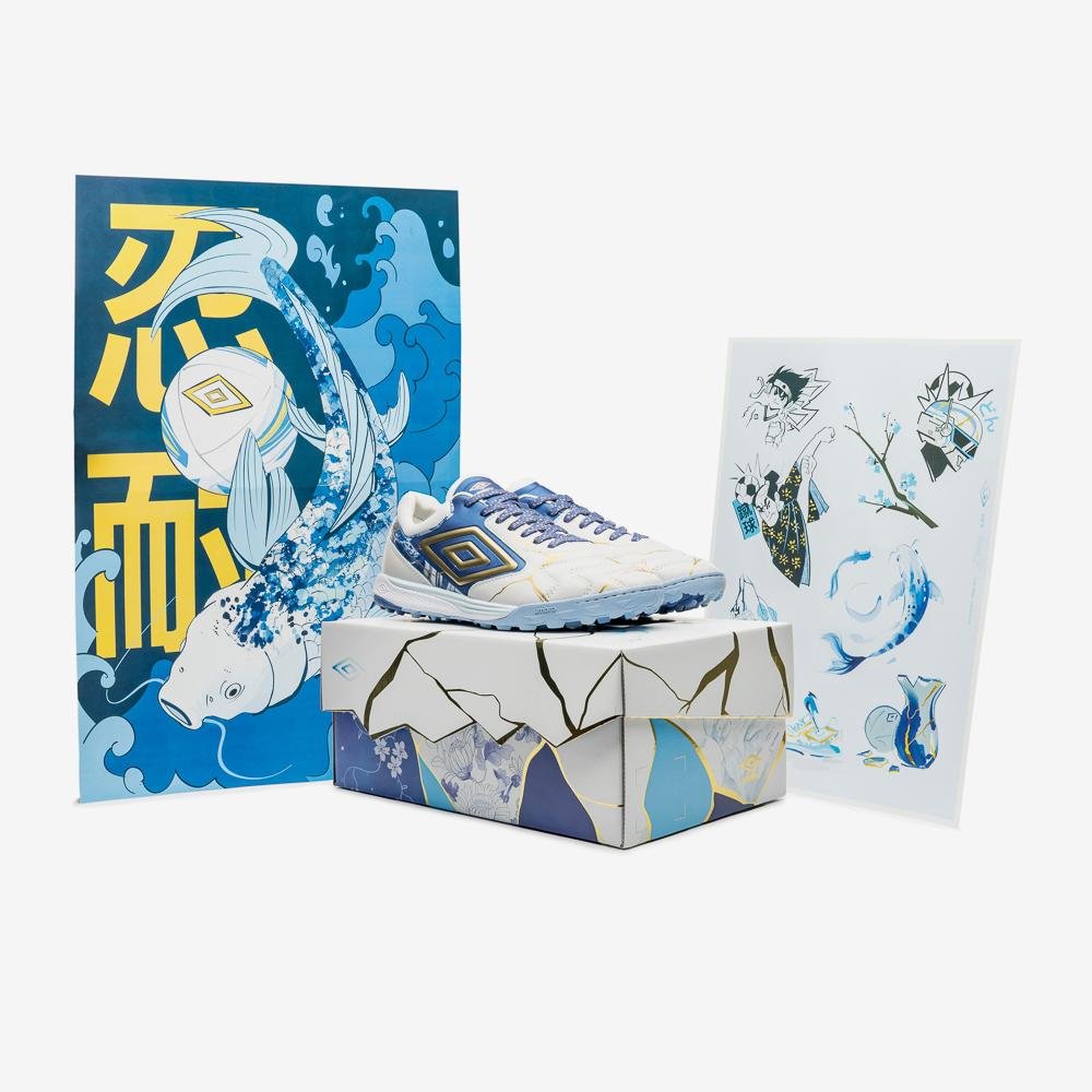 Chuteira Society Umbro Ada Master Class Pro Bump Kintsugi Branco/Azul 7