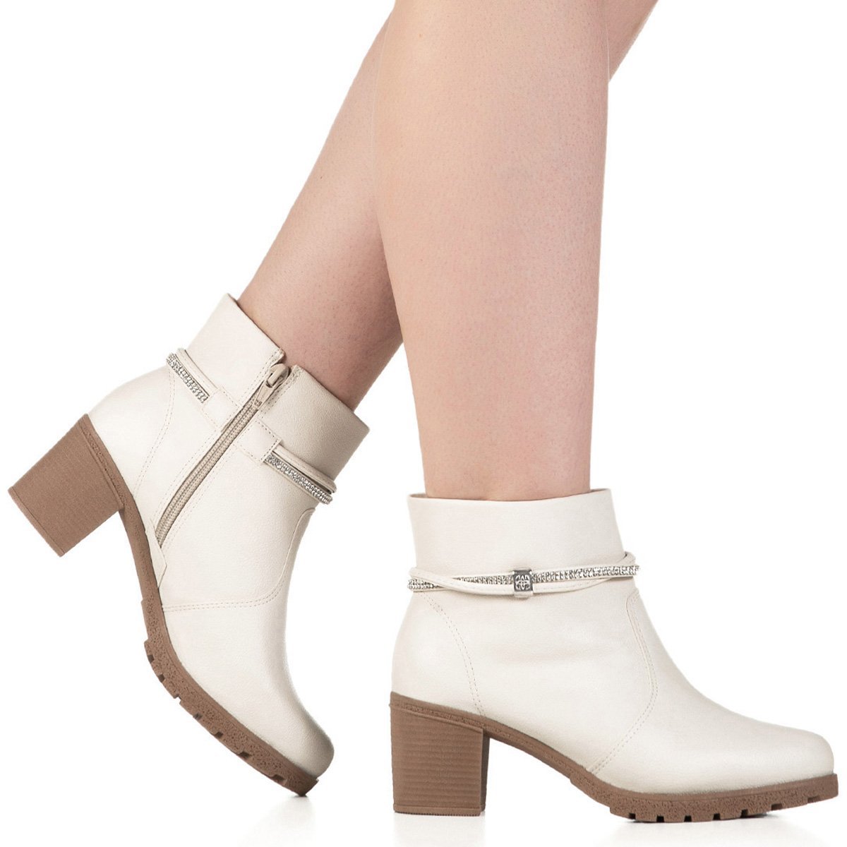 Bota Casual Gigil Salto Médio Grosso Baixo Strass Branco 1