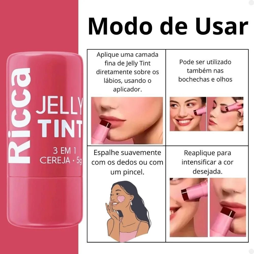Blush Multifuncional Em Bastão Ricca Jelly Tint 3 Em 1 Cereja 5g Cereja 4