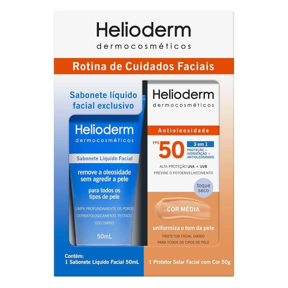 Kit Helioderm Protetor Solar Facial Fps50 Cor Média 50g + Sabonete Líquido 50ml ÚNICO 1