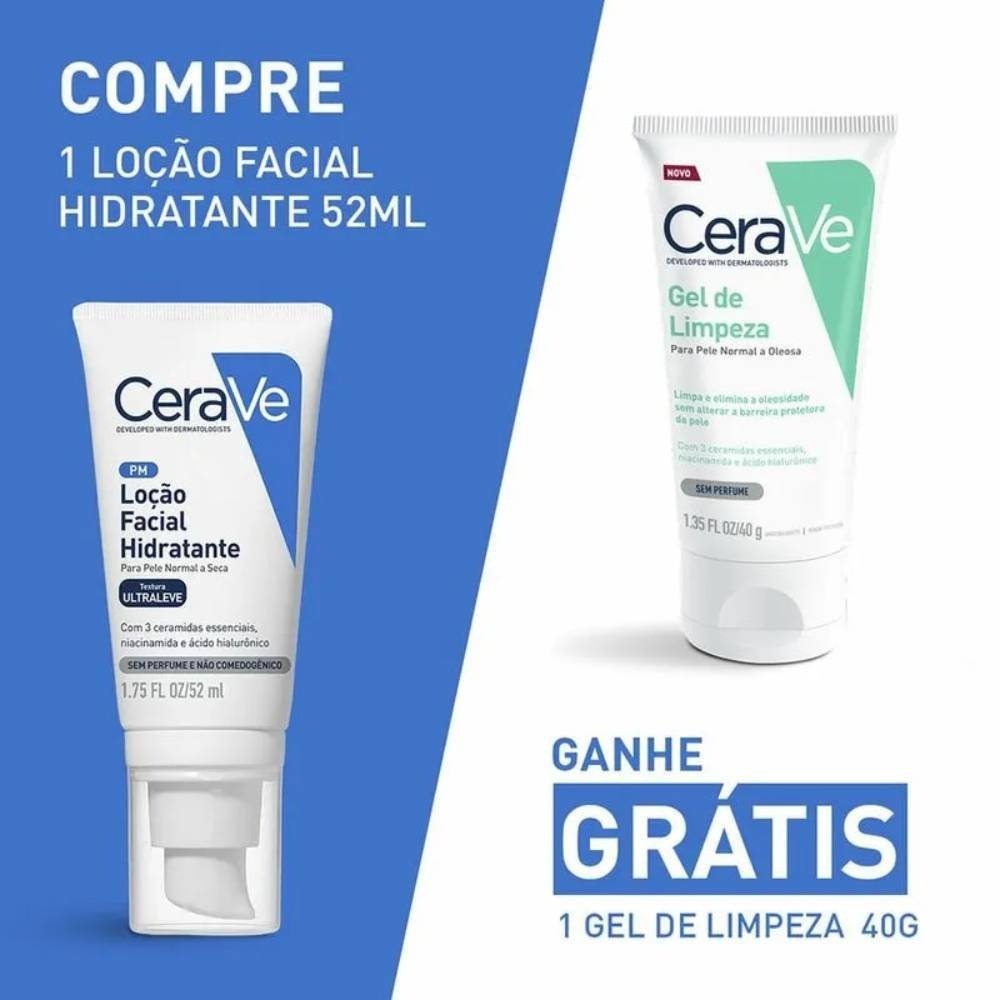 Kit Cerave Loção Facial Hidratante Pele Normal A Seca 52ml + Gel De Limpeza 40g Grátis ÚNICO 3