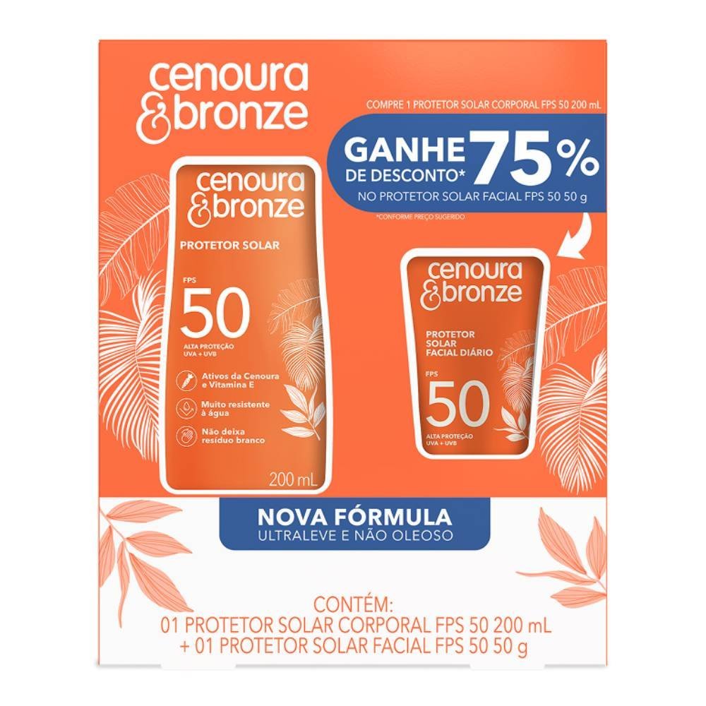 Kit Protetor Solar Cenoura E Bronze Protetor Solar Corporal Fps50 200ml + Protetor Facial Fps50 50g