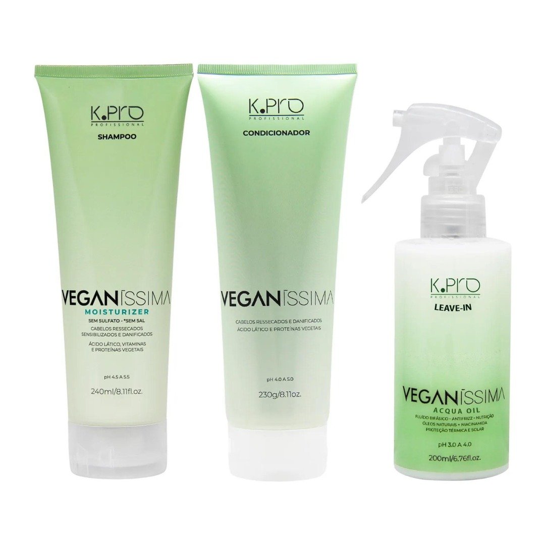 KIT VEGANISSIMA SHAMPOO MOISTURIZER 240ML + CONDICIONADOR 230G + LEAVE-IN ACGUA OIL 200ML ÚNICO 1