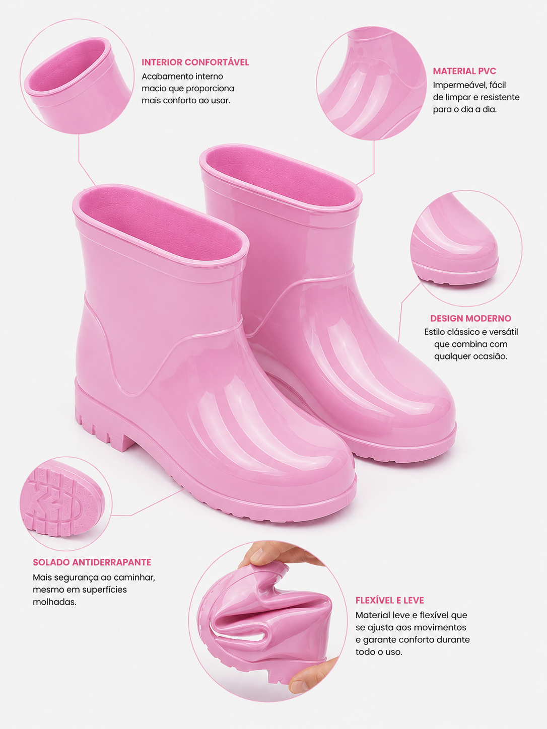 Galocha Infantil Feminina Impermeável Antiderrapante Rosa Claro Rosa 3