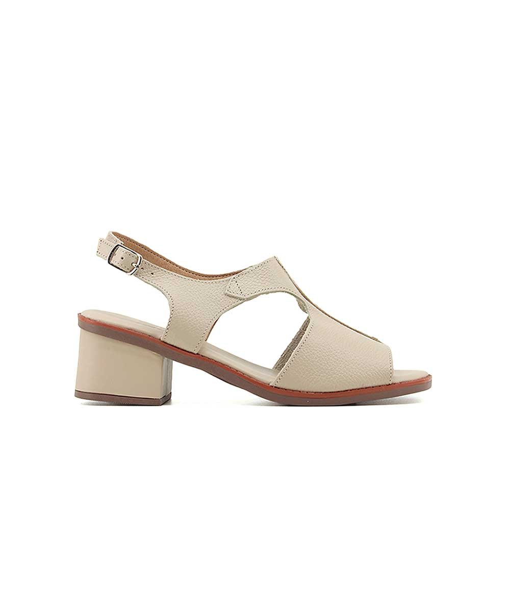 Sandália Anne Moraes Salto Bloco Couro Bege