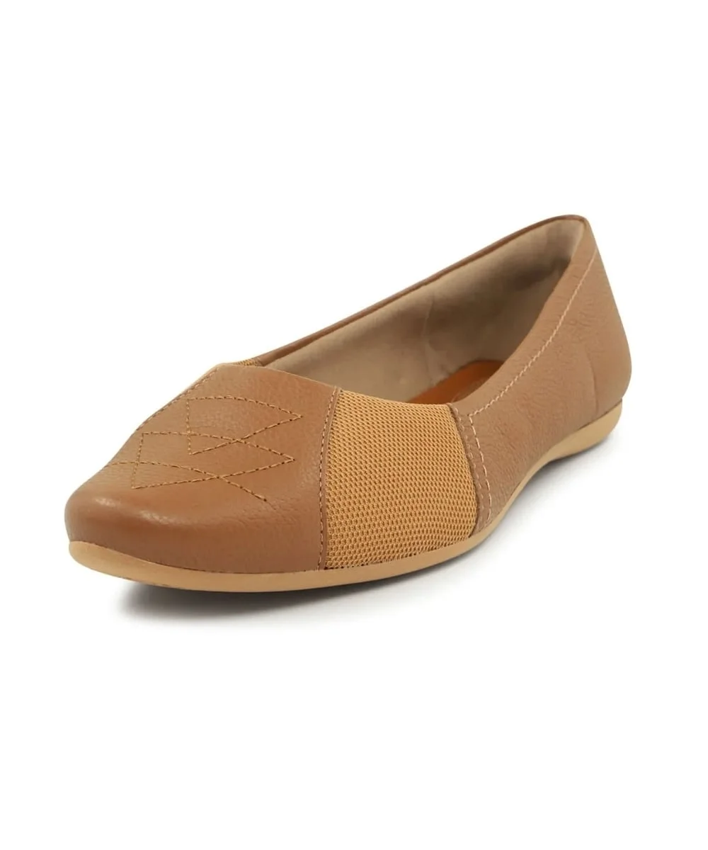 Sapatilha Feminina Usaflex Couro Bico Redondo Bordado Camel Marrom 11