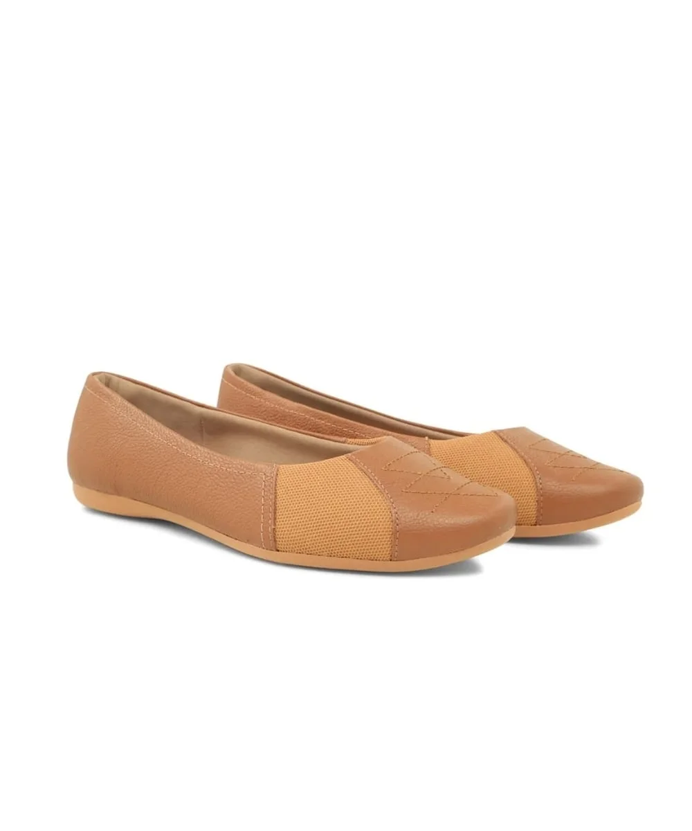 Sapatilha Feminina Usaflex Couro Bico Redondo Bordado Camel Marrom 10