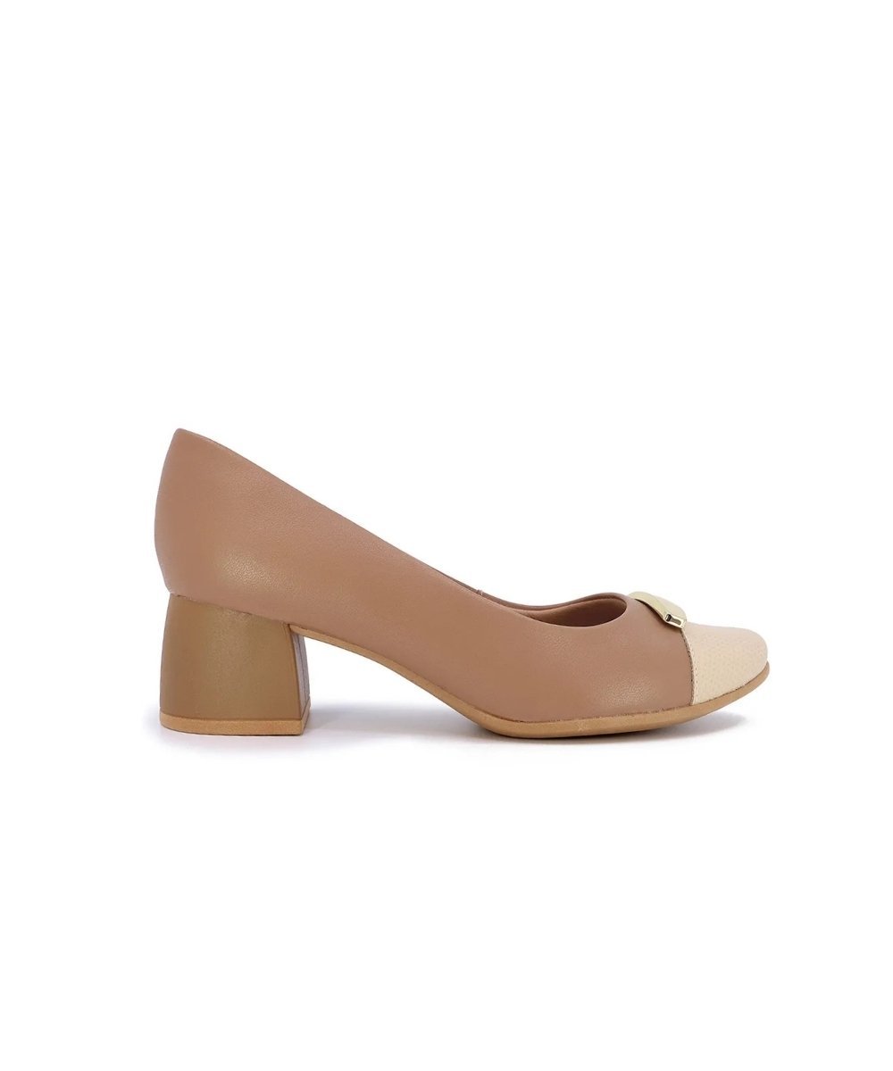 Sapato Scarpin Feminino Usaflex Enfeite Salto Bloco Couro Camel