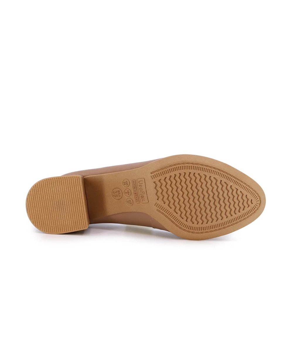 Sapato Scarpin Feminino Usaflex Enfeite Salto Bloco Couro Camel Bege 2