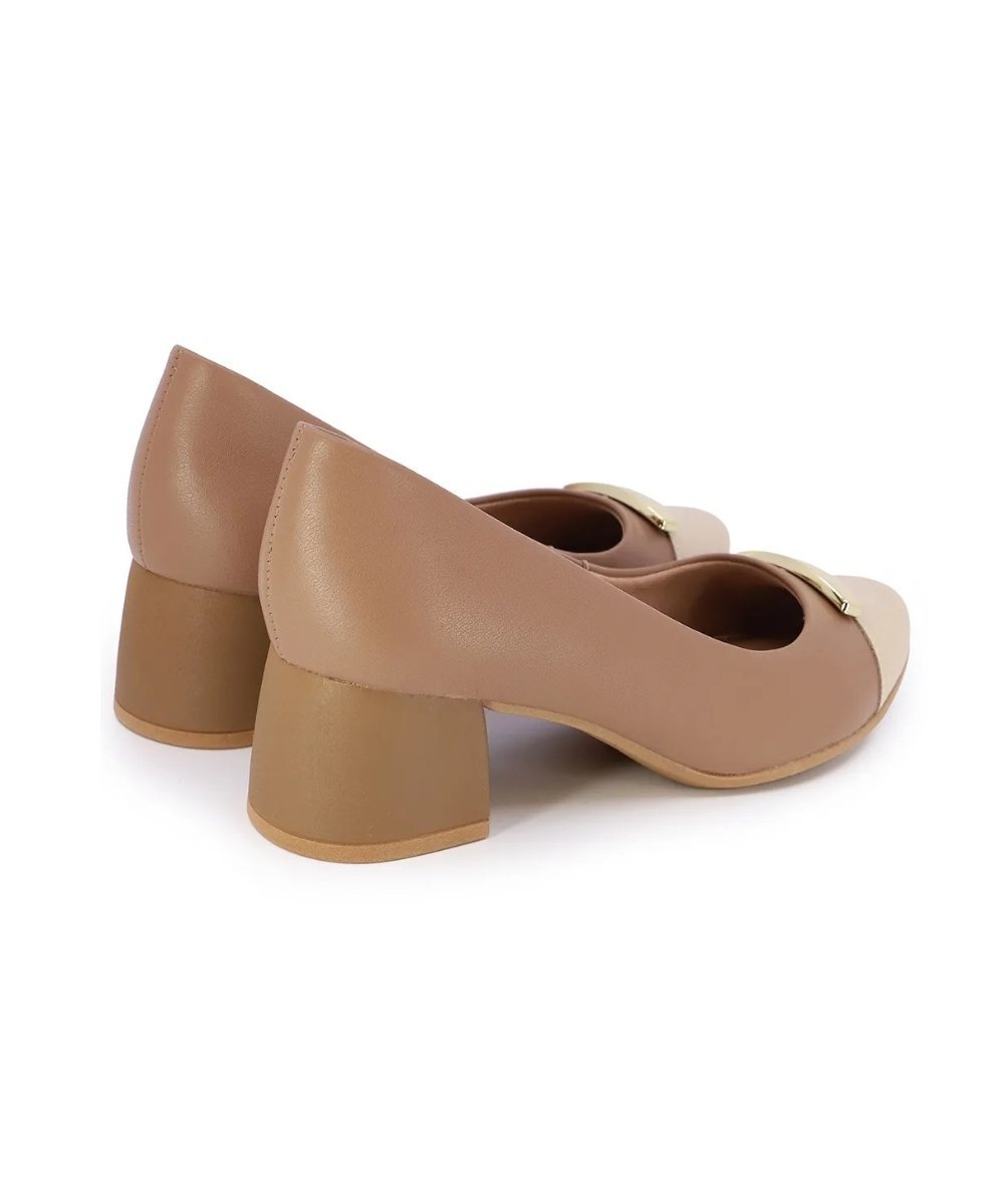 Sapato Scarpin Feminino Usaflex Enfeite Salto Bloco Couro Camel Bege 8