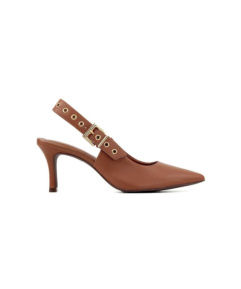 Scarpin Slingback Loucos E Santos Couro Caramelo