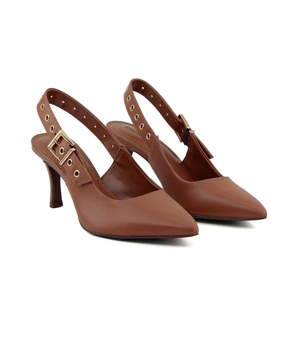 Scarpin Slingback Loucos E Santos Couro Caramelo Marrom 3