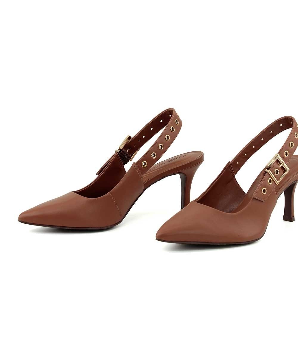 Scarpin Slingback Loucos E Santos Couro Caramelo Marrom 4