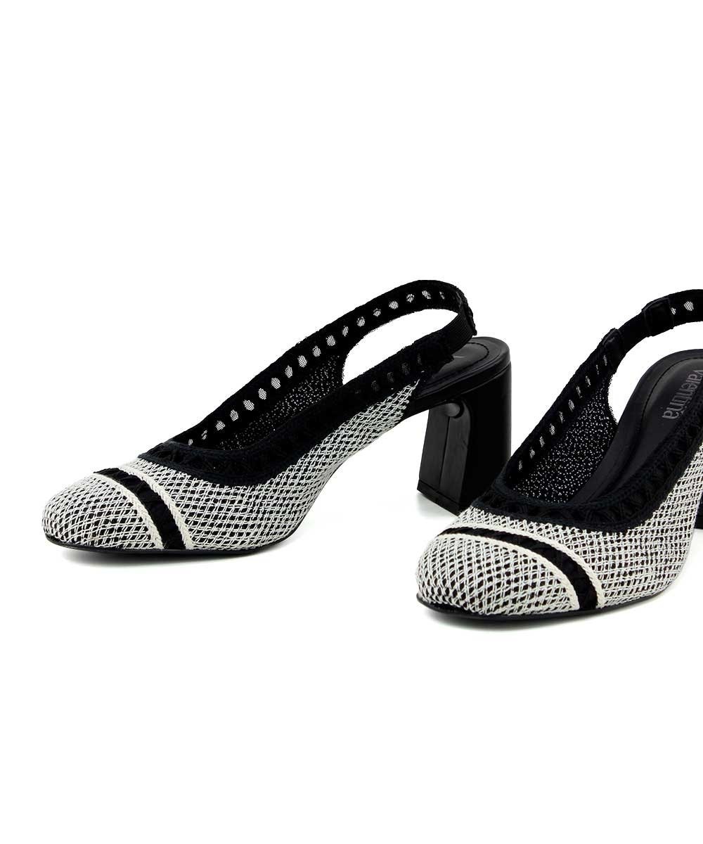 Scarpin Slingback Valentina Salto Bloco Preto Preto/Branco 4