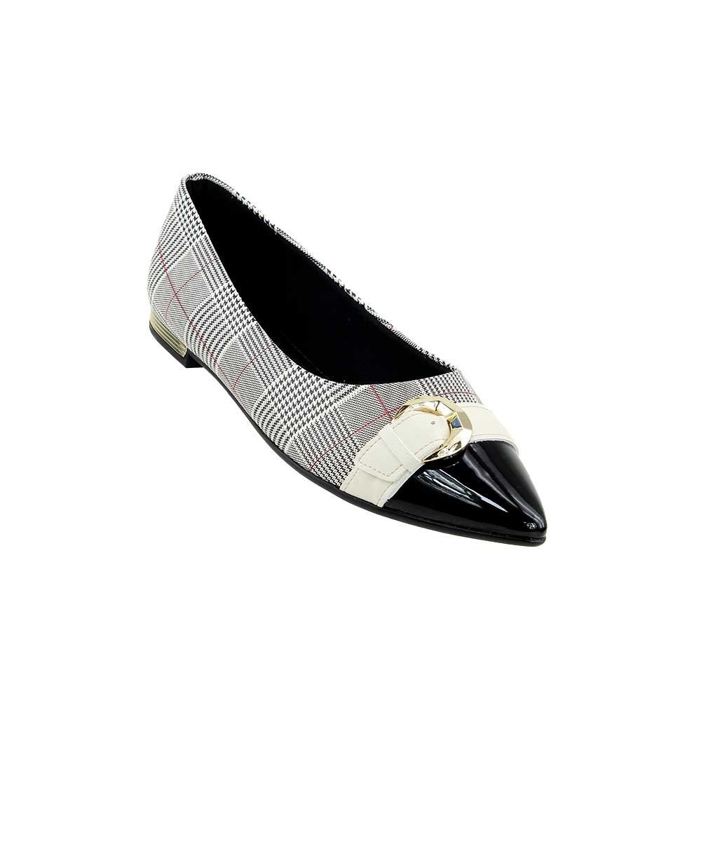 Sapatilha Bico Fino Piccadilly Detalhe Fivela Xadrez/Preto Preto/Branco 2