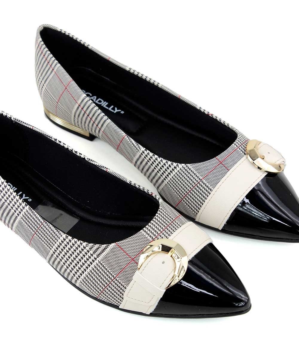 Sapatilha Bico Fino Piccadilly Detalhe Fivela Xadrez/Preto Preto/Branco 5